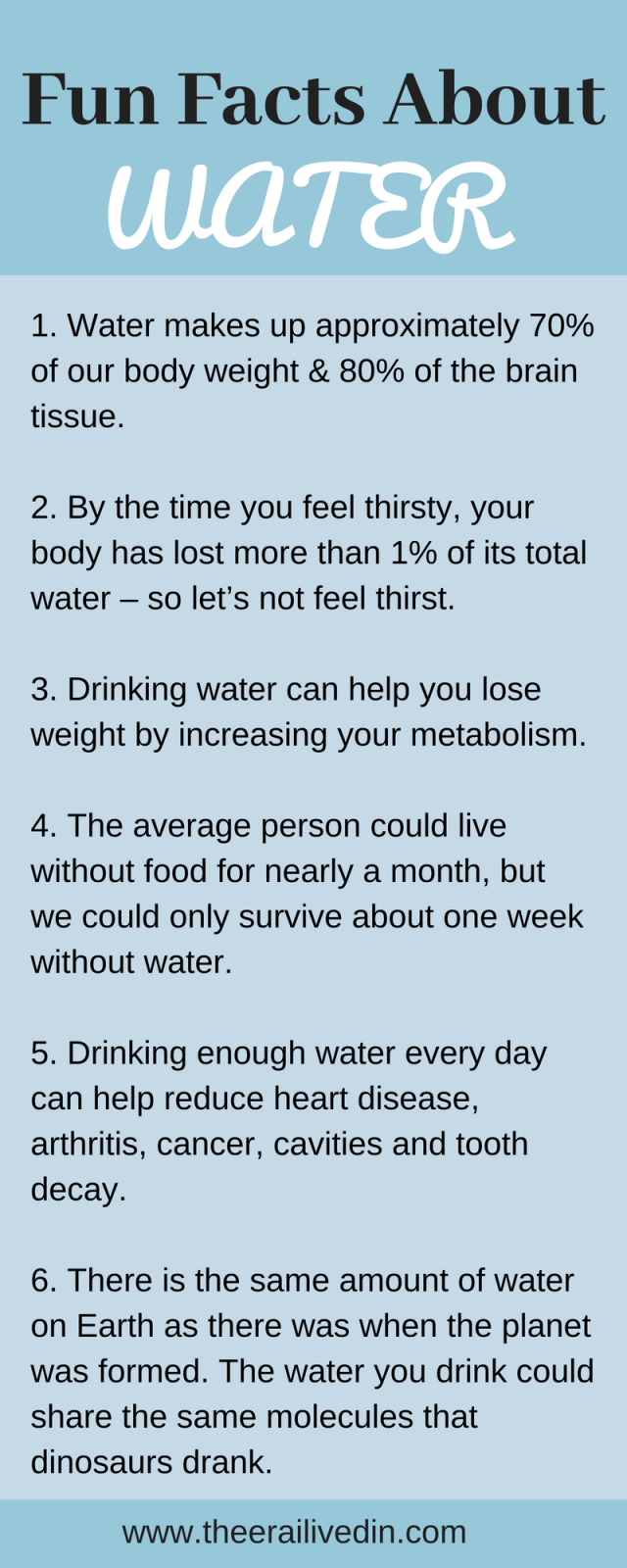 Fun facts about drinking water that'll help you see the reasons why water is so essential for our existence and why staying hydrated is the key o our healthy living. #theerailivedin #infografic #dehydration #hydration